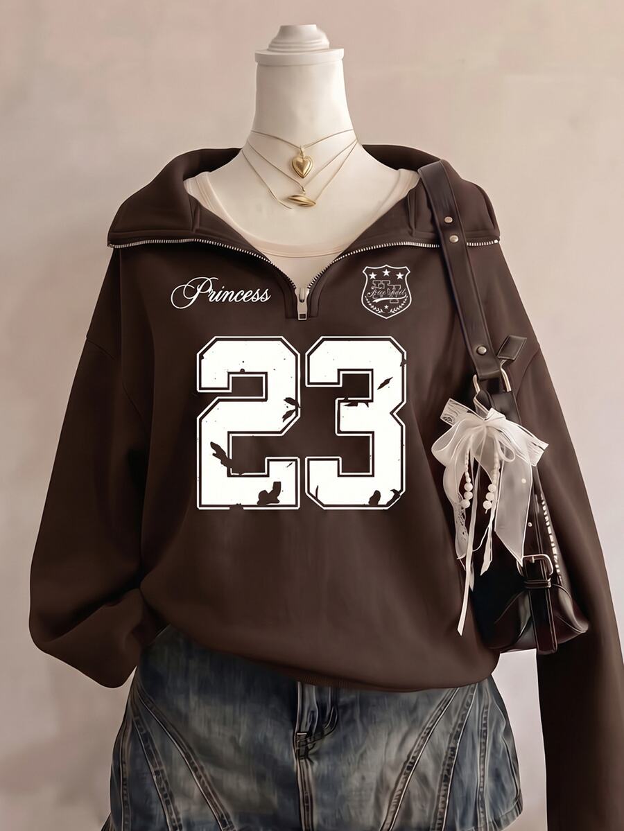 SHEIN Sweetra Young Tween Girls Fleece Fall Clothes Casual #23 Graphic Oversized Sweatshirt, Warm, Fall, Winter, Outfit, Comfortable, Daily, Long Sleeve, Loose - Brown - View 1
