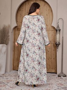 Al Najma 大尺碼女款阿拉伯風夏威夷式保守優雅傳統印花長袖連身裙，休閒套裝，適合派對、家庭、海灘，杜拜米色秋季款 - 彩色 - 查看 3