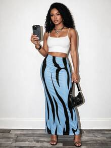 Zolique Women's Printed Pleated Maxi Skirt Vacation Light Blue Summer Going Out Sexy - Blue - View 2