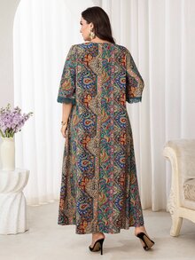 Al Najma 大尺碼女款佩斯利印花鈕扣裝飾方領波希米亞風 Ninang 莊重夏威夷洋裝 泰國度假 綠色 秋季居家服 婚禮 - 彩色 - 查看 2