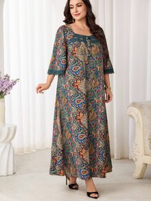 Al Najma 大尺碼女款佩斯利印花鈕扣裝飾方領波希米亞風 Ninang 莊重夏威夷洋裝 泰國度假 綠色 秋季居家服 婚禮 - 彩色 - 查看 7