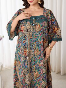 Al Najma 大尺碼女款佩斯利印花鈕扣裝飾方領波希米亞風 Ninang 莊重夏威夷洋裝 泰國度假 綠色 秋季居家服 婚禮 - 彩色 - 查看 3