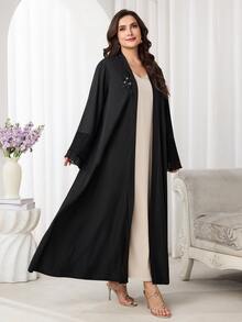 Al Najma 大尺碼女款亮片拼接優雅端莊長袖阿巴亞長袍，黑色，適合婚禮、夜晚、秋季 - 黑色 - 查看 9