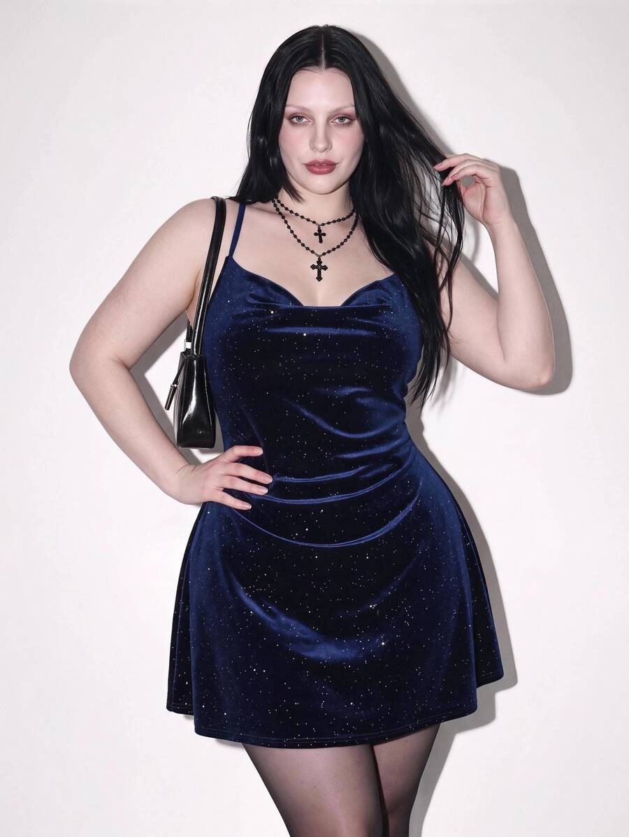 SHEIN ICON 大码女式垂褶领口修身亮片丝绒露背紧身迷你吊带连衣裙 - 藏蓝色 - 查看 1