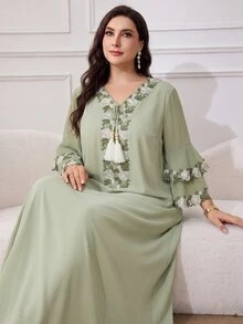Al Najma 大尺碼女款土耳其式長袍 阿拉伯傳統端莊風 中國穆斯林 Ninang Abaya 婚禮杜拜度假泰國風 粉色秋季 - 綠色 - 查看 4