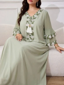 Al Najma 大尺碼女款土耳其式長袍 阿拉伯傳統端莊風 中國穆斯林 Ninang Abaya 婚禮杜拜度假泰國風 粉色秋季 - 綠色 - 查看 6