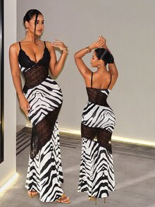 SHEIN Foxxy Women's Summer Lace Spaghetti Strap Patchwork Sexy Sheer Bodycon Dress Party Night Club Black Zebra Print - Black - View 11