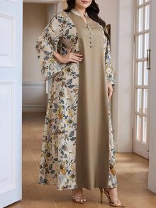 Al Najma Plus Size Women's Floral Print Notched Neck Elegant Long Sleeve Arabic Maxi Dress - Multicolor - View 10