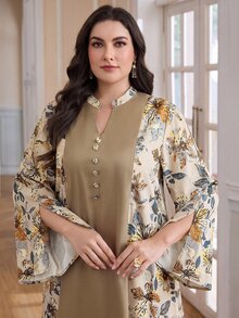 Al Najma Plus Size Women's Floral Print Notched Neck Elegant Long Sleeve Arabic Maxi Dress - Multicolor - View 5