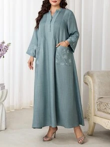 Al Najma Plus Size Women V-Neck Floral Print Casual Modest Party Thailand Holiday Wedding Dress Fall Grey - Green - View 5