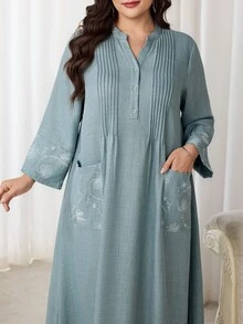Al Najma Plus Size Women V-Neck Floral Print Casual Modest Party Thailand Holiday Wedding Dress Fall Grey - Green - View 4