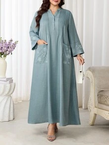 Al Najma Plus Size Women V-Neck Floral Print Casual Modest Party Thailand Holiday Wedding Dress Fall Grey - Green - View 7