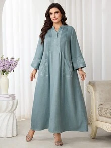 Al Najma Plus Size Women V-Neck Floral Print Casual Modest Party Thailand Holiday Wedding Dress Fall Grey - Green - View 9