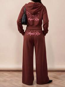 Rina Fox Women's Letter Print Zip-Up Long Sleeve Hoodie And Pants Casual Daily 2 Pieces Set Everyday Brown And Pink Fall - Coffee Brown - View 2