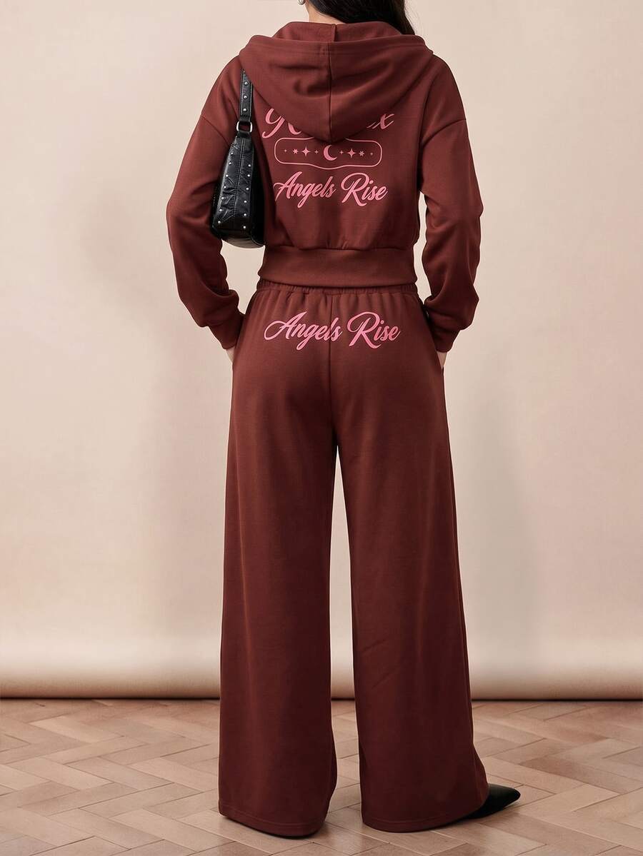 Rina Fox Women's Letter Print Zip-Up Long Sleeve Hoodie And Pants Casual Daily 2 Pieces Set Everyday Brown And Pink Fall