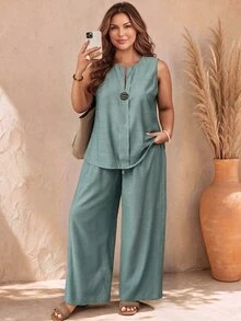 EMERY ROSE Plus Size Casual Solid Color Notched Neck Sleeveless Top And Pants 2 Pieces Set - Mint Green - View 1