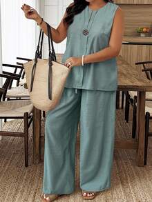 EMERY ROSE Plus Size Casual Solid Color Notched Neck Sleeveless Top And Pants 2 Pieces Set - Mint Green - View 4