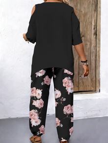 EMERY ROSE 2-Piece Plus Size Off-Shoulder Short Sleeve Top And Casual Loose Comfortable Pants Set, Plus Size Printed Outfit - Multicolor - View 2