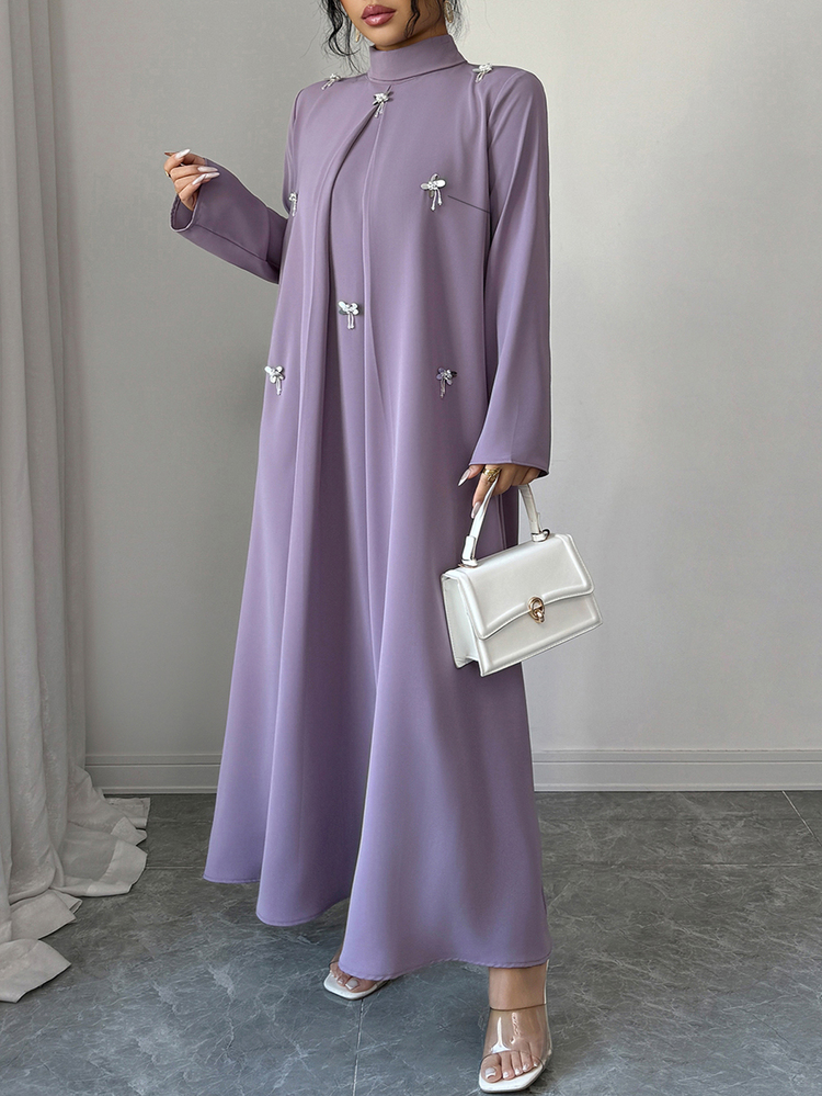 Al Najma Plus Size Women's Rhinestone Decor High Neck Long Sleeve Arabic Style Modest Casual Dress Wedding Christening Guest Confirmation Dubai Fall - Dusty Pink - View 8