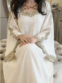 Al Najma Plus Size Women Elegant Ninang Modest Embroidered Applique Flare Sleeve Arabic Style Dress Wedding Party White Summer - Apricot - View 7