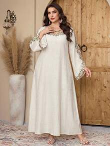 Al Najma Plus Size Women Elegant Ninang Modest Embroidered Applique Flare Sleeve Arabic Style Dress Wedding Party White Summer - Apricot - View 5