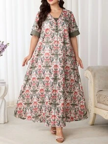 Al Najma 大码女式印花短袖宽松阿拉伯风格连衣裙 - 彩色 - 查看 6