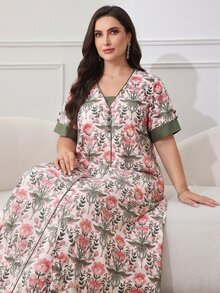 Al Najma 大码女式印花短袖宽松阿拉伯风格连衣裙 - 彩色 - 查看 1