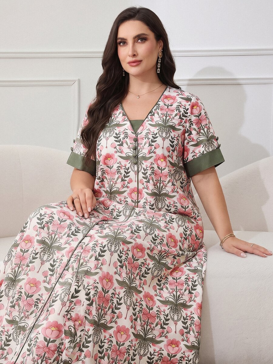 Al Najma 大码女式印花短袖宽松阿拉伯风格连衣裙 - 彩色 - 查看 1
