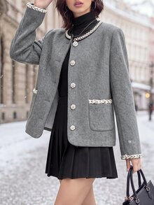 Editum Women's Autumn/Winter Faux Pearl Trim Long Sleeve Elegant Wool - Grey - View 8