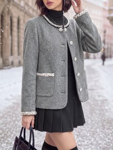 Editum Women's Autumn/Winter Faux Pearl Trim Long Sleeve Elegant Wool - Grey - View 5