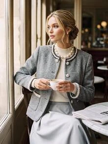 Editum Women's Autumn/Winter Faux Pearl Trim Long Sleeve Elegant Wool - Grey - View 3