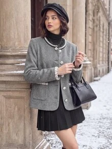 Editum Women's Autumn/Winter Faux Pearl Trim Long Sleeve Elegant Wool - Grey - View 7