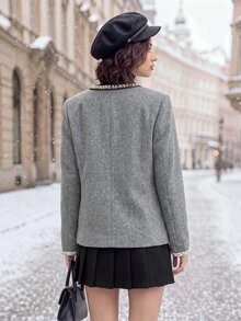 Editum Women's Autumn/Winter Faux Pearl Trim Long Sleeve Elegant Wool - Grey - View 9