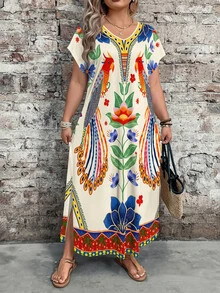 EMERY ROSE Spring Summer Women Plus Size Boho Floral Print V-Neck Short Sleeve Dress,Split Hem Design,Casual Vacation Outfits Daily Wear Beach Vacation Beige - Multicolor - View 4