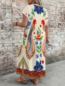 EMERY ROSE Spring Summer Women Plus Size Boho Floral Print V-Neck Short Sleeve Dress,Split Hem Design,Casual Vacation Outfits Daily Wear Beach Vacation Beige - Multicolor - View 2