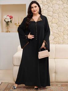 Al Najma Plus Size Women Leopard Patchwork Long Sleeve Button Design Arabian Dress, Modest Kaftan - Black - View 4