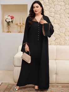 Al Najma Plus Size Women Leopard Patchwork Long Sleeve Button Design Arabian Dress, Modest Kaftan - Black - View 6