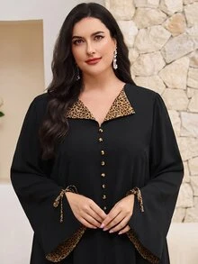 Al Najma Plus Size Women Leopard Patchwork Long Sleeve Button Design Arabian Dress, Modest Kaftan - Black - View 1