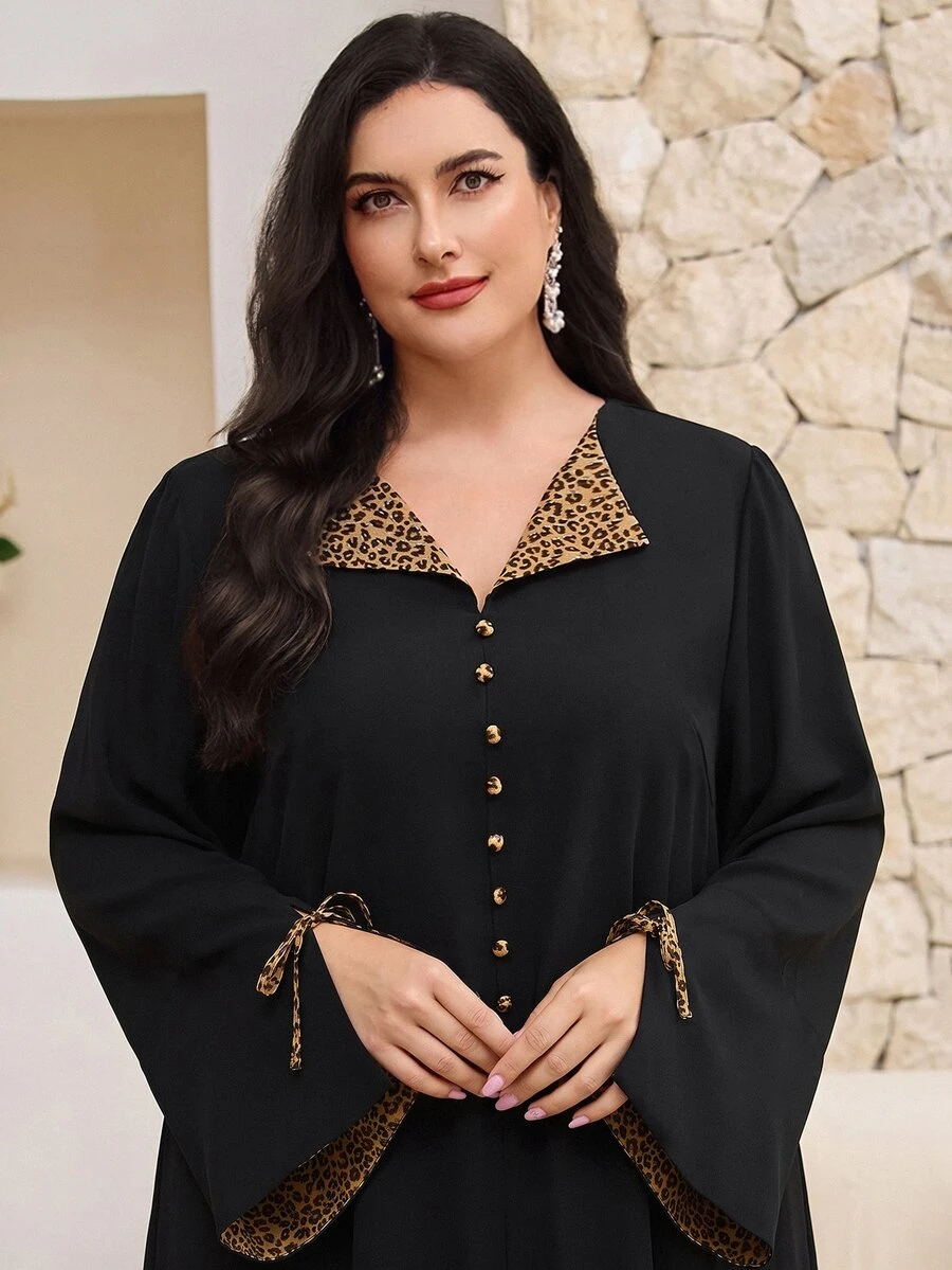 Al Najma Plus Size Women Leopard Patchwork Long Sleeve Button Design Arabian Dress, Modest Kaftan - Black - View 1