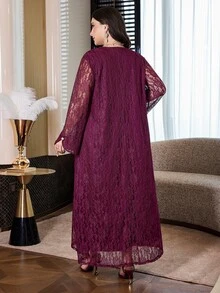 Al Najma Plus Size Women's Lace Patchwork Casual Party Arabian Dress - Burgundy - View 2