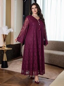 Al Najma Plus Size Women's Lace Patchwork Casual Party Arabian Dress - Burgundy - View 6