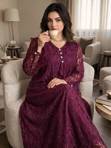 Al Najma Plus Size Women's Lace Patchwork Casual Party Arabian Dress - Burgundy - View 1