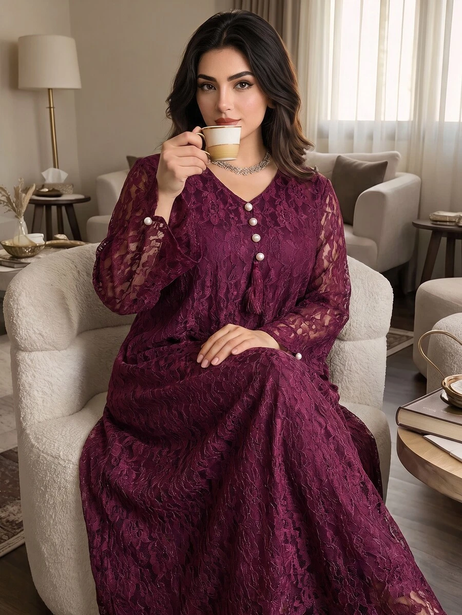 Al Najma Plus Size Women's Lace Patchwork Casual Party Arabian Dress - Burgundy - View 1