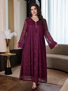 Al Najma Plus Size Women's Lace Patchwork Casual Party Arabian Dress - Burgundy - View 4