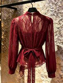SHEIN Franclia Elegant Stand Collar Chiffon Tie-Neck Blouse For Women, Suitable For Commuting And Dating - Burgundy - View 2