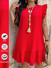 EMERY ROSE Gaun Wanita Ukuran Besar Leher Bulat Lengan Berkerut Merah Berlipit, Gaun Liburan Musim Panas Satin Bertekstur Longgar Gaya Boho Kasual untuk Pantai - Merah - View 3