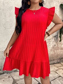EMERY ROSE Gaun Wanita Ukuran Besar Leher Bulat Lengan Berkerut Merah Berlipit, Gaun Liburan Musim Panas Satin Bertekstur Longgar Gaya Boho Kasual untuk Pantai - Merah - View 6