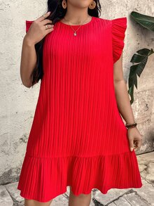 EMERY ROSE Gaun Wanita Ukuran Besar Leher Bulat Lengan Berkerut Merah Berlipit, Gaun Liburan Musim Panas Satin Bertekstur Longgar Gaya Boho Kasual untuk Pantai - Merah - View 5