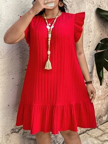 EMERY ROSE Gaun Wanita Ukuran Besar Leher Bulat Lengan Berkerut Merah Berlipit, Gaun Liburan Musim Panas Satin Bertekstur Longgar Gaya Boho Kasual untuk Pantai - Merah - View 7