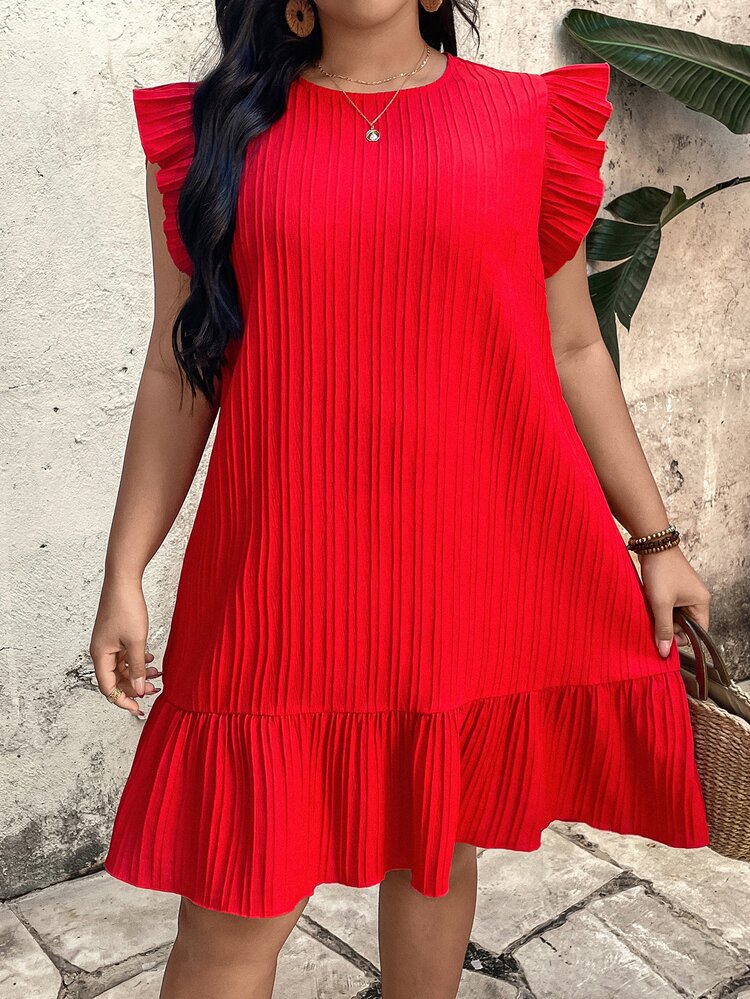 EMERY ROSE Plus Size Women's Round Neck Ruffle Sleeve Red Pleats Dress,Loose Textured Satin Summer Holiday Beach Boho Casual Vacation Dress - Red - View 4